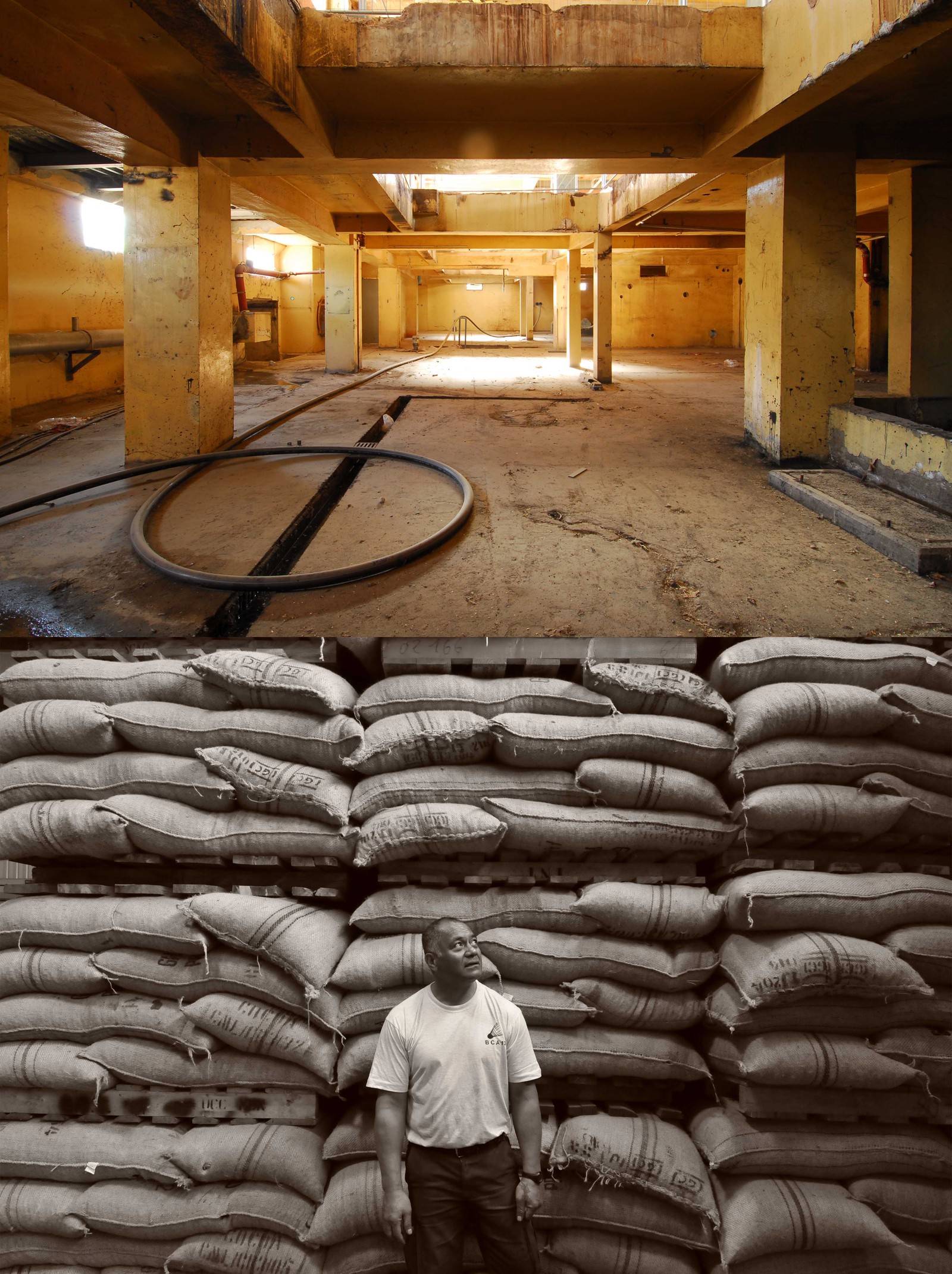 Photo du haut : Sous sols techniques de l'ancienne zone de décaféïnation de café vert Nord-Américain. Future zone d'activité. Photo du bas : Raphaël TOFILI, salarié Netcacao « Je suis né et j'ai grandi au Vanuatou et depuis mon enfance mon papa faisait la récolte traditionnelle du cacao à laquelle je participai par moment. Comme par hasard mon parcours a fait que j'ai atterri en France pour me retrouver à l'usine Nestlé saint-Menet à faire des tablettes de chocolat, c'est peut être mon destin…donc je connais bien l'histoire de la transformation de la fève de cacao jusqu'à ce qu'elle devienne une tablette de chocolat(…) Au départ, je n'ai pas eu d'entretien d'embauche parce que j'ai été engagé chez Nestlé par rapport à ma morphologie et comme je suis un ancien joueur de rugby… Mon travail chez Nestlé c'était de décharger les sacs de café et de cacao et je faisais presque 100 tonnes par jour manuellement, je portais les sacs sur le dos, et je l'ai fait pendant 8 ans. »